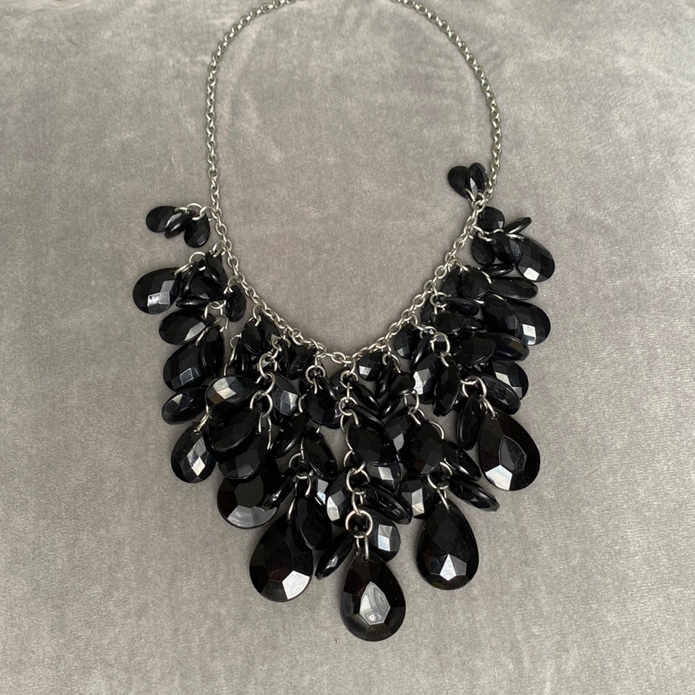 Black Bead Statement Necklace with Silver Chain